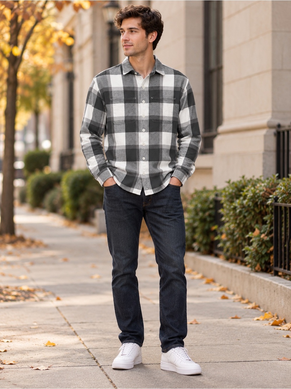 American Eagle Men’s XS Black White Plaid Relaxed Fit Button-Up Shirt